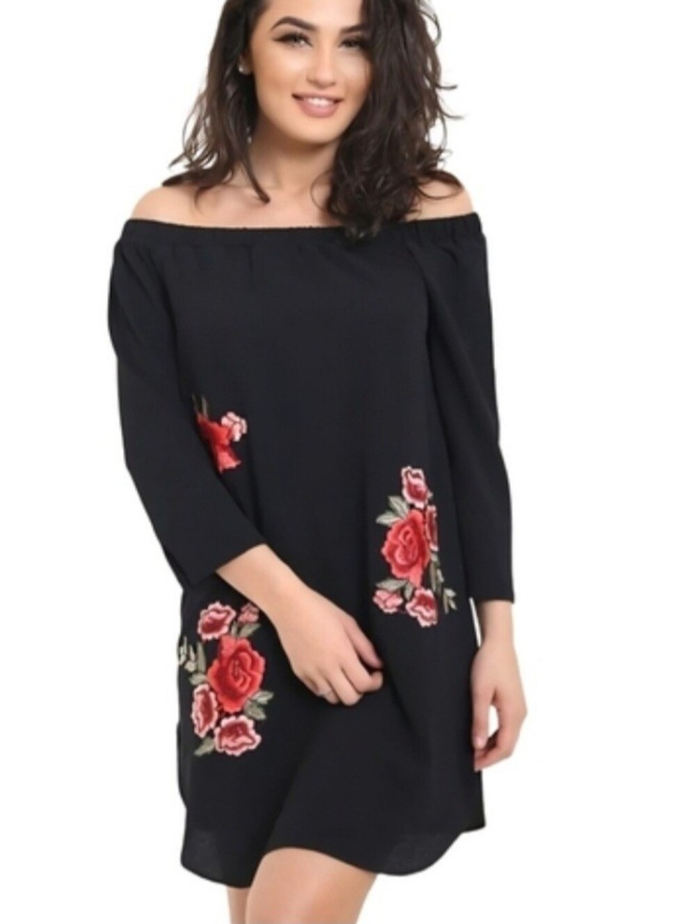 NWT SUZY SHIER Embroidered Black Bardot-style Dress/Tunic Wedding Guest Size M